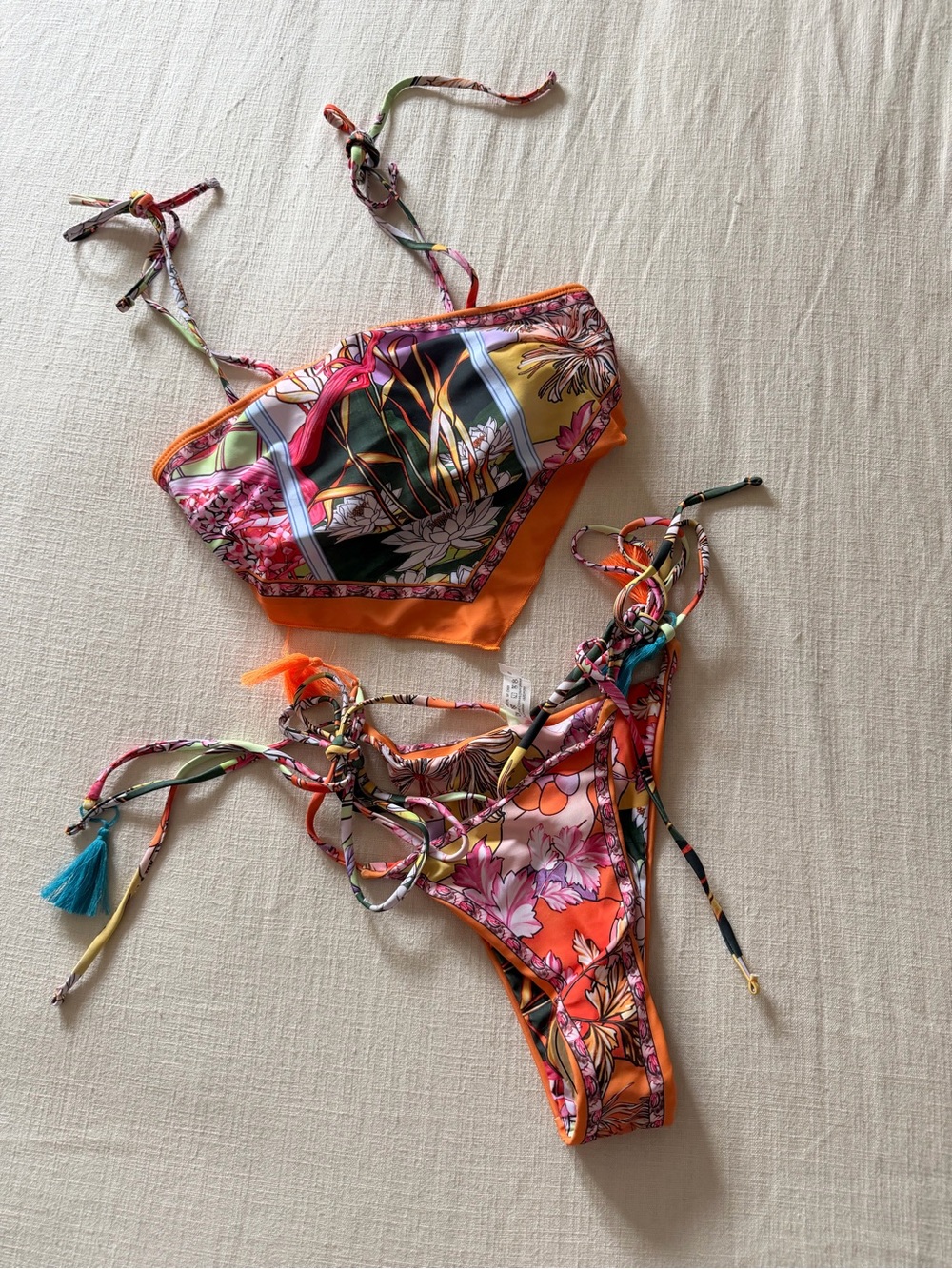 🌺 Orange Floral Scarf Print Tassel Bikini